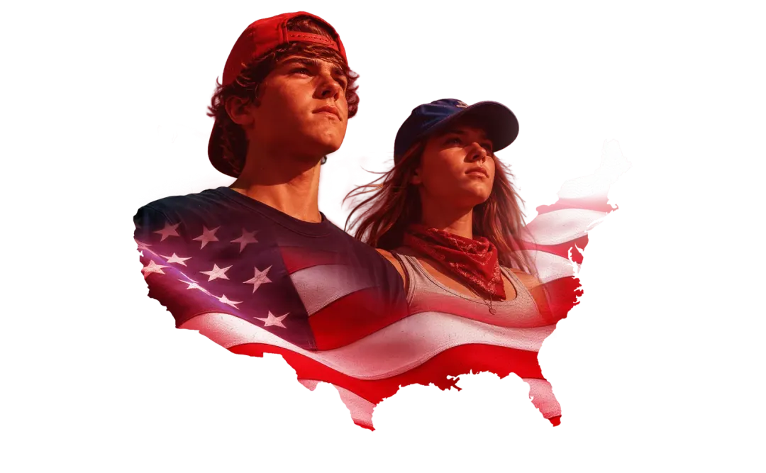 Two young voters wrapped in a U.S.-flag map